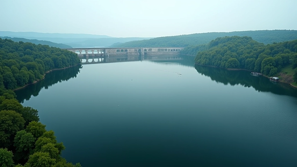 Tvenkinio vaizdas iš paukščio perspektyvos, Kaišiadorių elektrinė horizonte, ramūs vanduo
